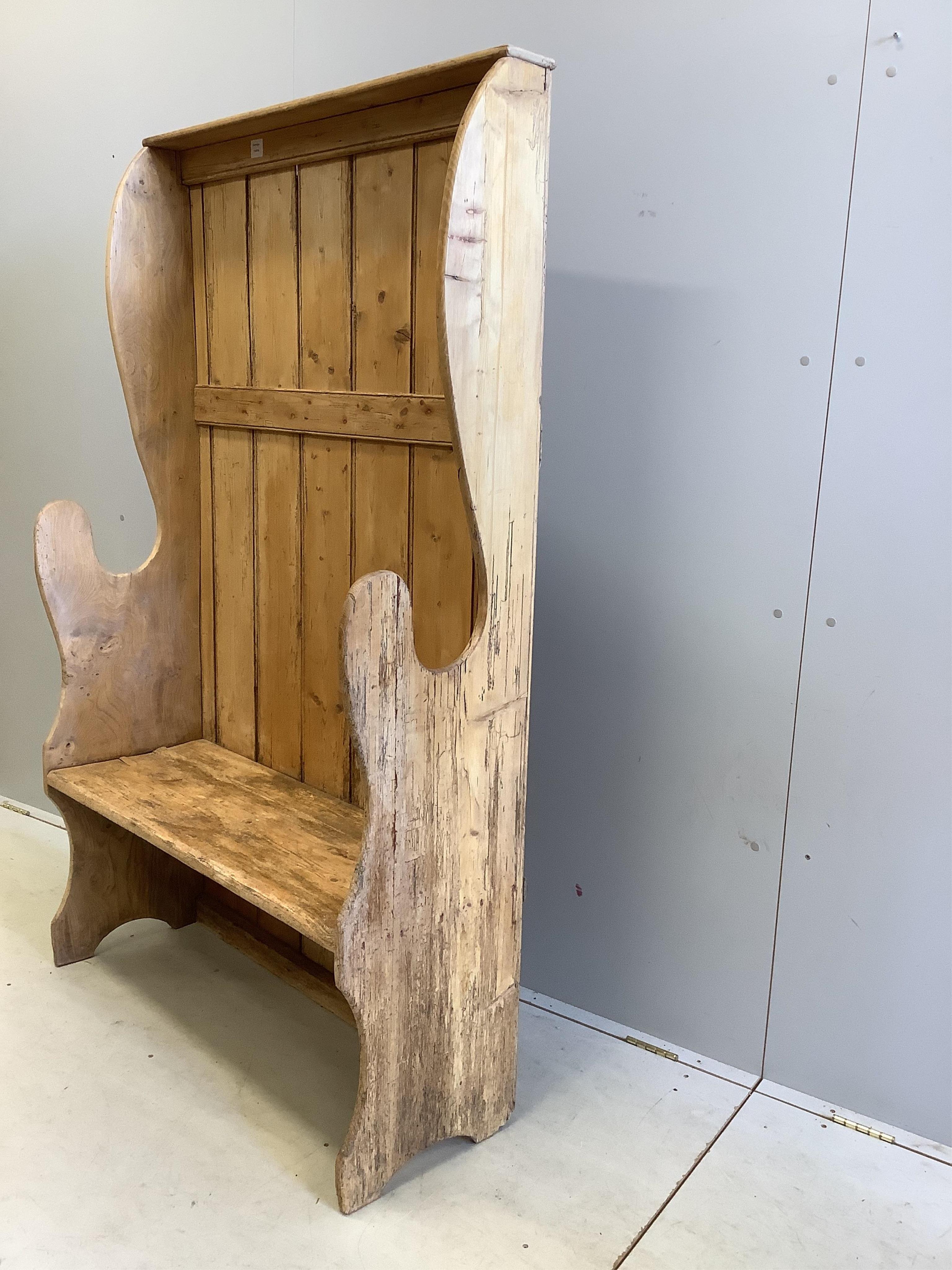 A Victorian pine high back boarded settle, width 104cm, depth 38cm, height 172cm. Condition - fair
